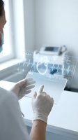 Doctor in medical gloves using futuristic holographic interface with heart monitor and health data visualization in modern clinic for telemedicine applications.