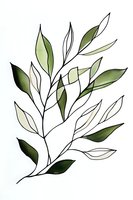 Minimalist botanical line art featuring delicate olive green leaves on graceful branches, drawn with clean strokes on white background. Suitable for modern wall decor.