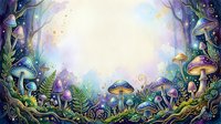 Enchanted forest floor with glowing mushrooms, magical plants, and luminescent fungi creating a whimsical woodland border frame with copy space for fantasy and children's design projects.