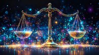 Golden scales of justice with glowing particles against cosmic starry background. Legal concept for law firms, courts, and judicial system presentations.