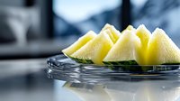 Fresh yellow honeydew melon chunks arranged on glass plate with soft focus background, close up view showing juicy texture and vibrant color for food photography.