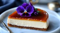 Creamy cheesecake slice with caramel topping garnished with purple pansy flower on white plate, close-up view showing rich texture and layers.