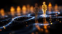 Glowing digital human figures standing on network connections with golden bokeh lights, representing artificial intelligence and digital transformation in technology.