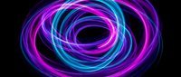 Glowing neon swirl with vibrant magenta and cyan lines spiraling in motion against dark background for digital design projects.