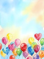 Watercolor balloons in vibrant colors floating against soft pastel sky background for party celebrations and festive occasions.