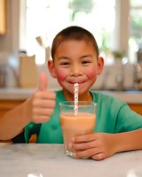 Young boy in green t-shirt showing thumbs up while drinking chocolate milk shake through striped straw at kitchen counter, expressing joy and satisfaction.