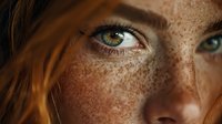 Close-up portrait of young Caucasian woman with freckles and striking green eyes in natural lighting for beauty and skincare concepts.