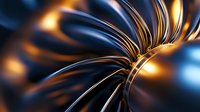 Abstract metallic curves and lines in dark blue and gold colors create dynamic flowing motion against black background, suitable for modern tech designs.