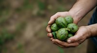 Fresh green walnuts in hands of farmer against blurred garden background. Harvest time concept for agriculture and organic farming.