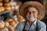 Elderly Hispanic baker with straw hat smiling warmly in traditional bakery surrounded by fresh artisan bread loaves for authentic culinary business content.