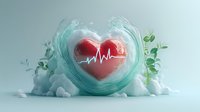 Red heart with heartbeat line protected by glass heart shape, green plants and stones on soft blue background, healthcare and medical concept.