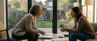 Two professional women having focused business meeting at modern office table near large windows with natural lighting and urban garden view.