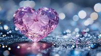 Pink heart-shaped crystal on glittering surface with bokeh lights in blue tones, romantic Valentine backdrop for love cards and wedding designs.