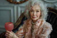Elegant senior Caucasian woman with silver curly hair wearing pink fur coat holds red wine glass, expressing confidence and sophistication in luxurious interior setting.