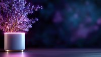 Glowing white minimalist vase with purple flowers on dark background with soft bokeh effect creates mystical atmosphere for wellness and spa designs.