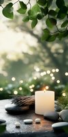 Glowing white candle with zen stones and green leaves on dark surface against bokeh lights background, creating peaceful spa atmosphere for wellness design.