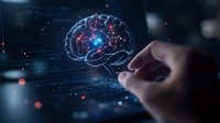 Glowing digital brain with neural connections and human hand reaching towards it on dark background with data visualization elements and light effects.