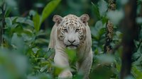 Rare white tiger with piercing blue eyes stalking through lush green foliage, displaying predatory behavior in natural environment. Wildlife photography concept.