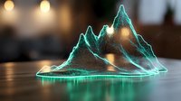 Glowing turquoise mountain peaks emerge from illuminated base on dark surface, creating mystical atmosphere with bokeh lights in background. Perfect for modern decor.