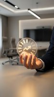 Businessman holding glowing lightbulb with upward arrow symbol in modern office conference room, representing innovation, growth strategy, and business success concepts.