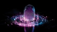 Glowing digital fingerprint with futuristic circular interface in pink and blue neon colors against black background, cybersecurity concept visualization.