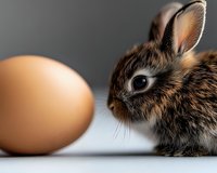 Curious young brown rabbit investigating large chicken egg on white surface against gray background, creating whimsical Easter holiday composition.