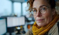 Mature woman with curly red hair wearing glasses and yellow scarf in modern office environment, looking thoughtfully at camera with natural expression and soft window light.