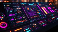 Futuristic dashboard interface with neon purple and blue data visualization elements, graphs, charts and control panels glowing against dark background.