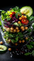 Fresh vegetable and chickpea salad in glass bowls with cucumber, tomatoes, mint leaves and mixed greens on dark background, healthy food concept.