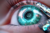 Futuristic cyber eye with glowing turquoise digital iris pattern and technological elements, representing artificial intelligence and biometric scanning technology.