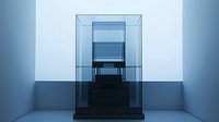 Minimalist architectural composition with layered transparent glass panels creating depth and perspective in cool blue tones, modern abstract interior design element.