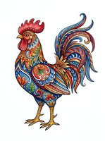 Ornamental rooster with vibrant decorative patterns in red, blue, and gold isolated on white background. Suitable for clipart, t-shirt designs, and print projects.