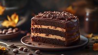 Rich chocolate layer cake with caramel filling and ganache frosting on dark plate. Decadent dessert with chocolate shavings for bakery menu or celebration.