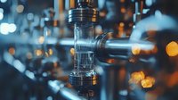 Closeup of vaping device with glass tank and metal parts against blurred bokeh background in blue and orange tones. Modern electronic cigarette detail.