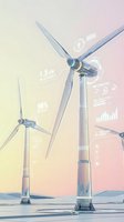 Modern wind turbines with digital data overlay showcasing renewable energy statistics and performance metrics for sustainable power generation.