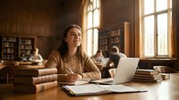Young woman studying with laptop in historic university library with warm sunlight streaming through gothic windows creating academic atmosphere.