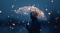 Silhouette of person holding magical umbrella made of glowing particles against dark blue night sky with bokeh lights.