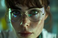 Young woman wearing round glasses with intense gaze in dramatic lighting, freckled face and natural makeup against blurred background with blue and green tones.