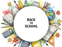 Back to school supplies arranged in circle with notebooks, pencils, calculator, globe and autumn leaves on white background for educational design.
