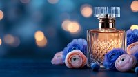 Luxury crystal perfume bottle with elegant cut glass design surrounded by delicate pink and blue ranunculus flowers against soft bokeh background for beauty concepts.