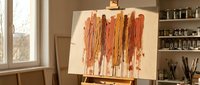 Artist studio workspace with abstract painting on easel featuring warm orange and red brushstrokes, creative environment with art supplies and natural lighting.