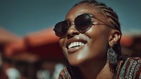 Young African American woman with braided hair wearing sunglasses and silver earrings smiling joyfully outdoors in warm sunlight for lifestyle content.