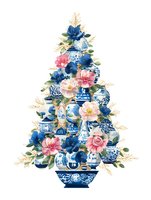 Elegant Christmas tree made of blue and white porcelain vases adorned with pink and blue flowers, creating a sophisticated holiday decoration.