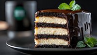 Layered chocolate cake slice with vanilla cream filling and dark chocolate ganache drip, garnished with fresh mint leaves on black plate, dark background.