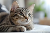 Adorable tabby kitten with striking eyes lying comfortably on soft surface, showcasing natural feline beauty and charm for pet-related projects.