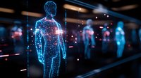 Futuristic holographic human figures glowing in blue light with particle effects in dark exhibition space, digital transformation concept for technology advancement.