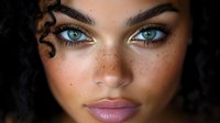 Young mixed-race woman with striking blue eyes and freckles showcasing artistic face paint design. Professional beauty portrait for cosmetic branding.