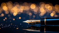 Luxury fountain pen with gold nib on reflective surface against blurred golden bokeh lights background, creating elegant writing atmosphere.