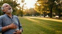 Senior man with gray hair and light skin tone standing in sunny park, hand on chest, looking upward with peaceful expression, wearing blue shirt, surrounded by green trees and grass.