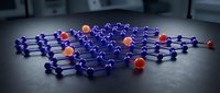 Molecular structure network with glowing connections and orange atoms on dark surface for scientific research and chemistry education presentations.